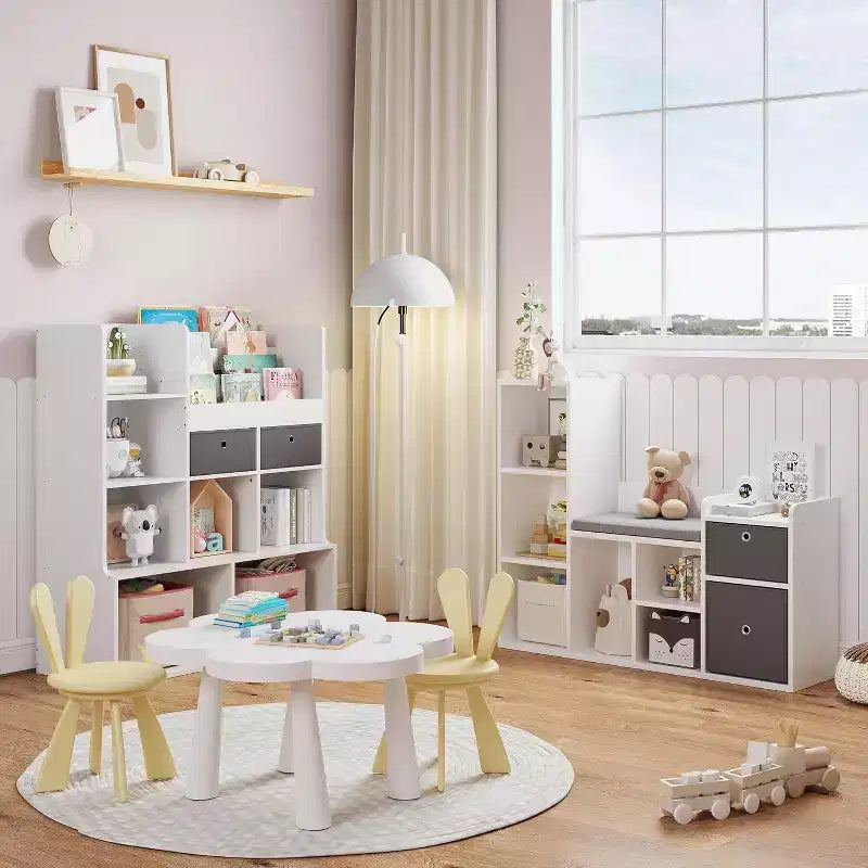 Wooden Kids Bookshelf, 5-Cubby Playhouse Bookcase with Storage Boxes, Organizer Shelf for Nursery Playroom Bedroom, White