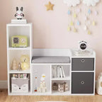 Wooden Kids Bookshelf, 5-Cubby Playhouse Bookcase with Storage Boxes, Organizer Shelf for Nursery Playroom Bedroom, White