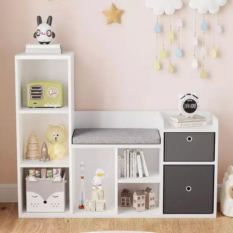 Wooden Kids Bookshelf, 5-Cubby Playhouse Bookcase with Storage Boxes, Organizer Shelf for Nursery Playroom Bedroom, White