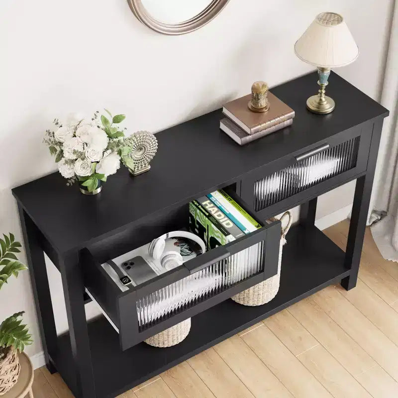 Entryway Table, Wood Console Table with 2 Glass Drawers, 2 Tier Sofa Table with Storage for Living Room, Foyer Tables for Entryway-Black
