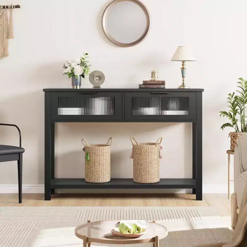 Entryway Table, Wood Console Table with 2 Glass Drawers, 2 Tier Sofa Table with Storage for Living Room, Foyer Tables for Entryway-Black
