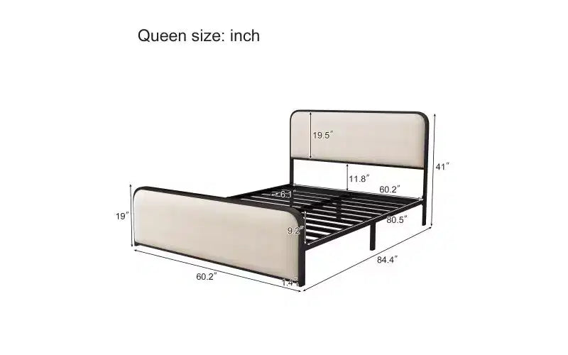 Queen Size Platform Bed Frame with Upholstered Curved Headboard & Footboard, Heavy-Duty Metal with Under-Bed Storage