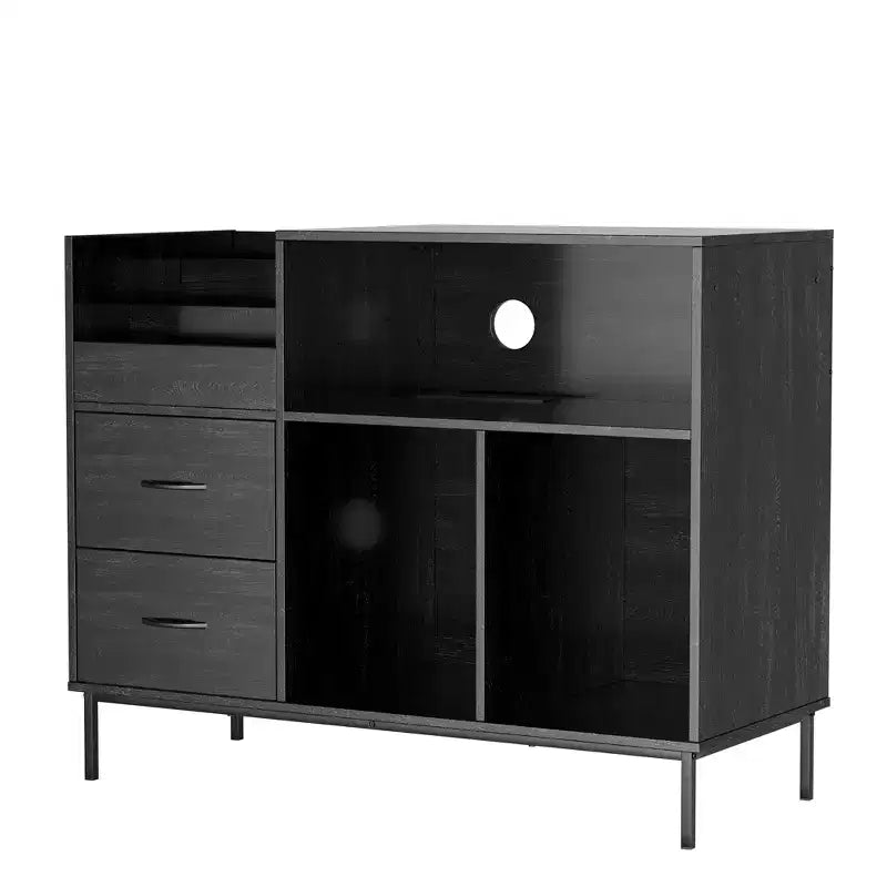 Eco-Friendly Flip-Top Turntable Stand, Wooden Vinyl Record Storage Cabinet with Dual-Socket Power Strip, Black