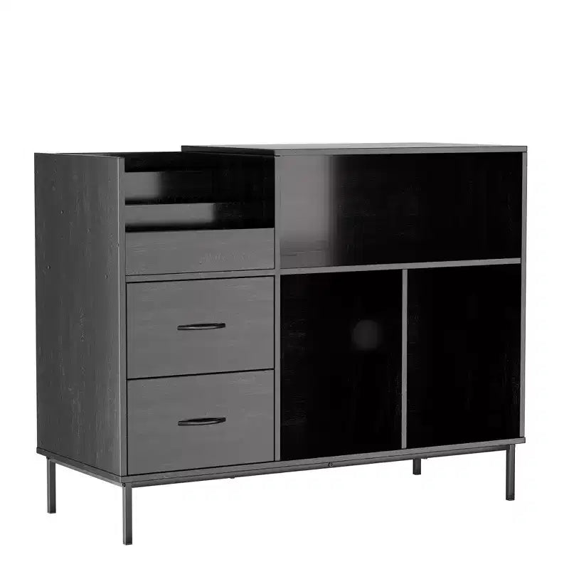Eco-Friendly Flip-Top Turntable Stand, Wooden Vinyl Record Storage Cabinet with Dual-Socket Power Strip, Black