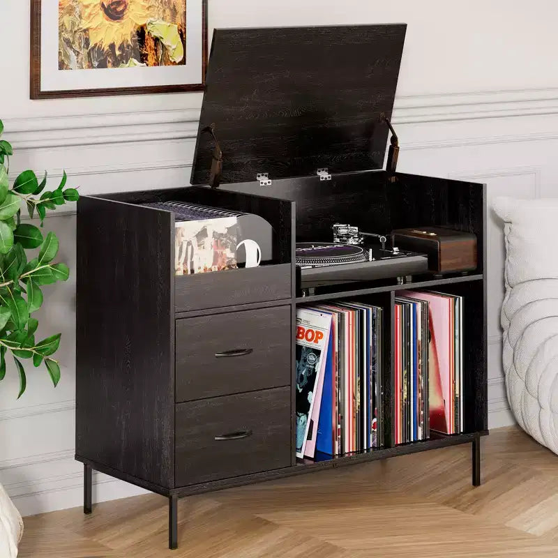 Eco-Friendly Flip-Top Turntable Stand, Wooden Vinyl Record Storage Cabinet with Dual-Socket Power Strip, Black