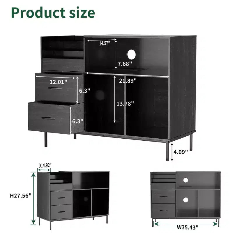 Eco-Friendly Flip-Top Turntable Stand, Wooden Vinyl Record Storage Cabinet with Dual-Socket Power Strip, Black