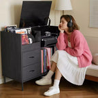 Eco-Friendly Flip-Top Turntable Stand, Wooden Vinyl Record Storage Cabinet with Dual-Socket Power Strip, Black
