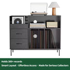 Eco-Friendly Flip-Top Turntable Stand, Wooden Vinyl Record Storage Cabinet with Dual-Socket Power Strip, Black