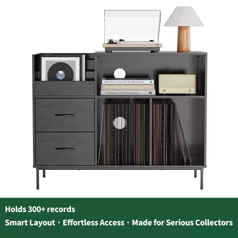 Eco-Friendly Flip-Top Turntable Stand, Wooden Vinyl Record Storage Cabinet with Dual-Socket Power Strip, Black