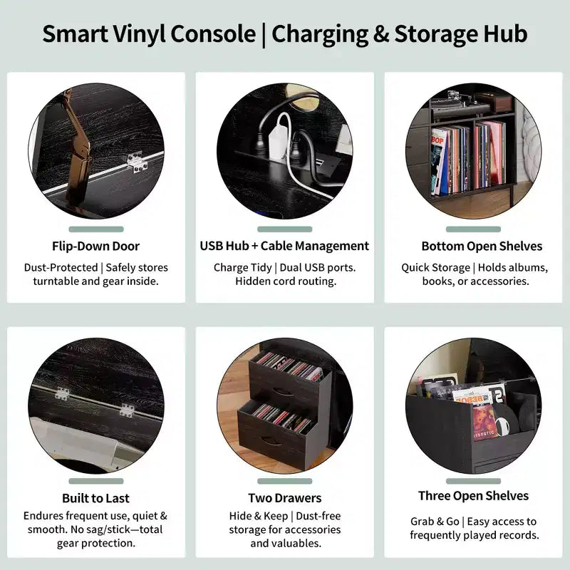 Eco-Friendly Flip-Top Turntable Stand, Wooden Vinyl Record Storage Cabinet with Dual-Socket Power Strip, Black