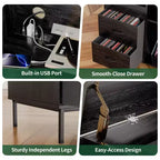 Eco-Friendly Flip-Top Turntable Stand, Wooden Vinyl Record Storage Cabinet with Dual-Socket Power Strip, Black