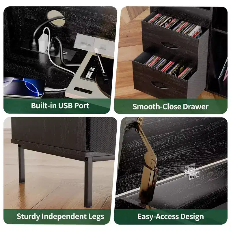 Eco-Friendly Flip-Top Turntable Stand, Wooden Vinyl Record Storage Cabinet with Dual-Socket Power Strip, Black