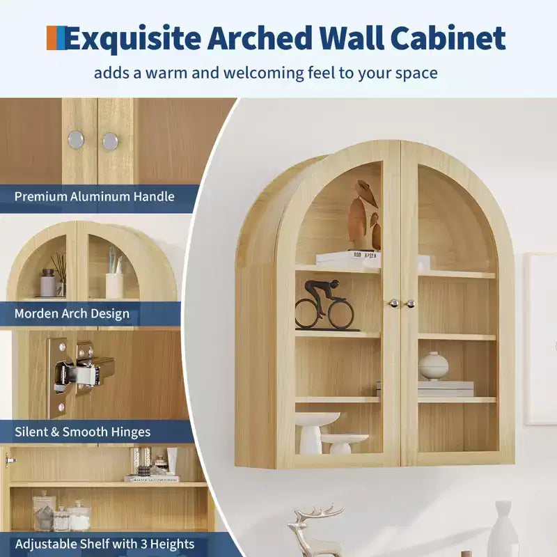 Arched Bathroom Wall Cabinet, Farmhouse Wood Wall Mounted Medicine Storage Cabinet with Acrylic Doors and Adjustable Shelves for Kitchen Laundry Room