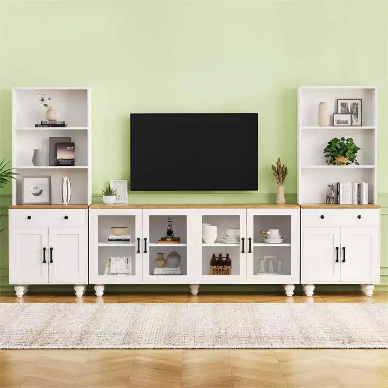 Farmhouse TV Wall Unit for 70 TV, Entertainment Center with Bookshelves, Textured Glass Doors, Gourd Legs