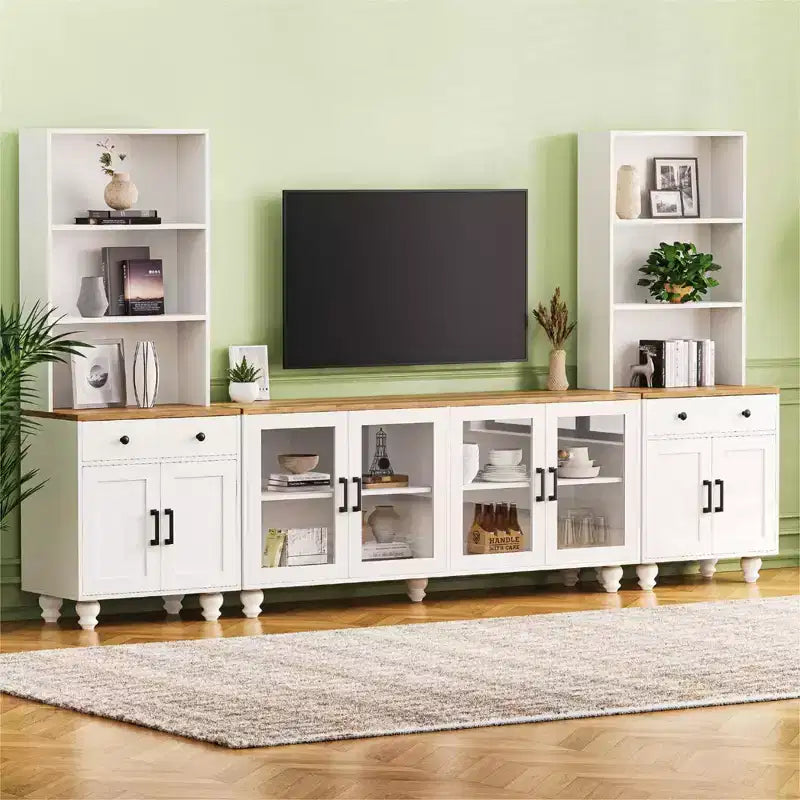 Farmhouse TV Wall Unit for 70 TV, Entertainment Center with Bookshelves, Textured Glass Doors, Gourd Legs