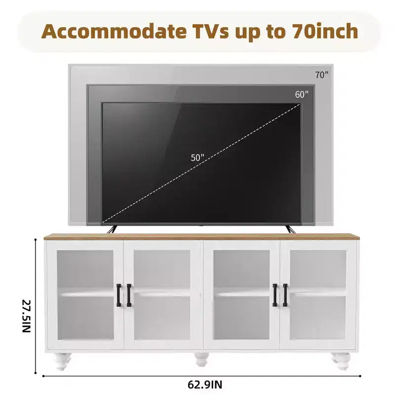 Farmhouse TV Wall Unit for 70 TV, Entertainment Center with Bookshelves, Textured Glass Doors, Gourd Legs