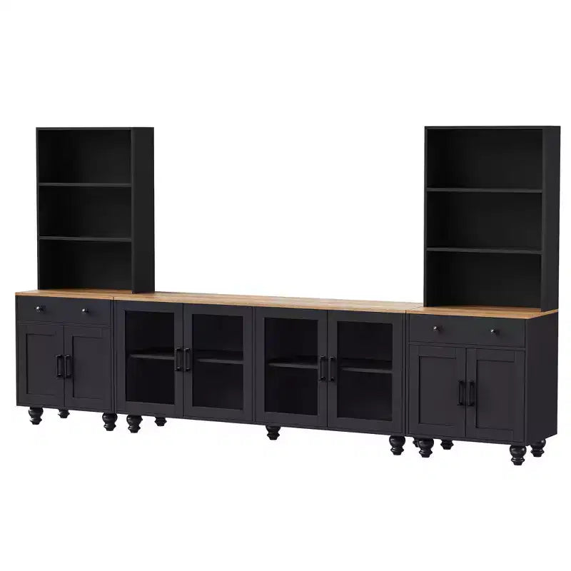 Farmhouse TV Wall Unit for 70 TV, Entertainment Center with Bookshelves, Textured Glass Doors, Gourd Legs