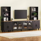 Farmhouse TV Wall Unit for 70 TV, Entertainment Center with Bookshelves, Textured Glass Doors, Gourd Legs