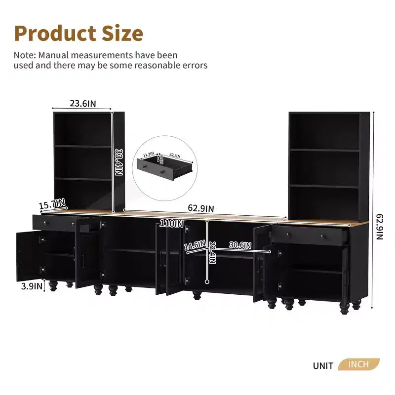 Farmhouse TV Wall Unit for 70 TV, Entertainment Center with Bookshelves, Textured Glass Doors, Gourd Legs