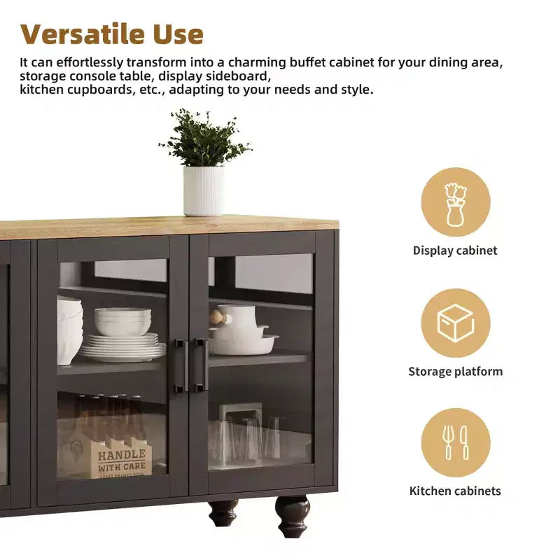 Farmhouse TV Wall Unit for 70 TV, Entertainment Center with Bookshelves, Textured Glass Doors, Gourd Legs