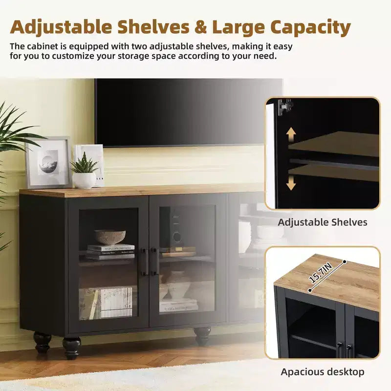 Farmhouse TV Wall Unit for 70 TV, Entertainment Center with Bookshelves, Textured Glass Doors, Gourd Legs