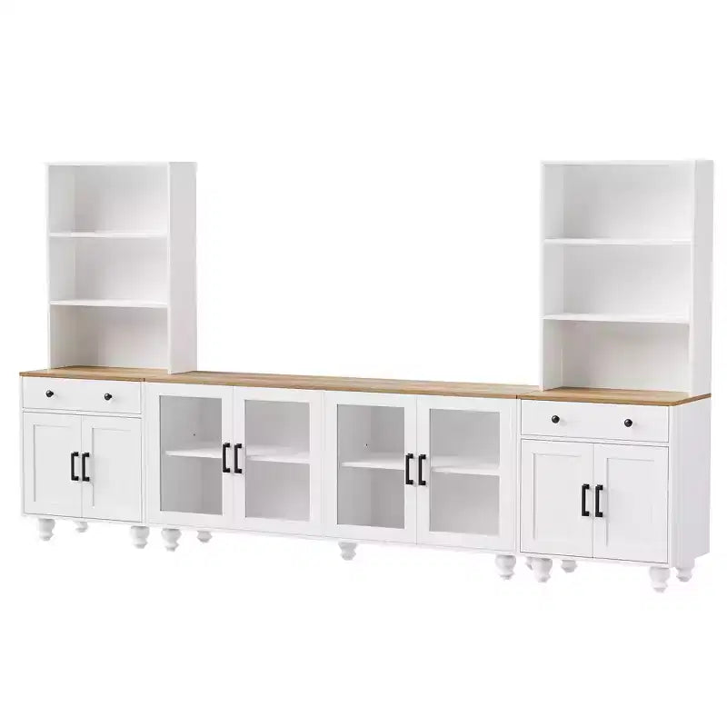 Farmhouse TV Wall Unit for 70 TV, Entertainment Center with Bookshelves, Textured Glass Doors, Gourd Legs