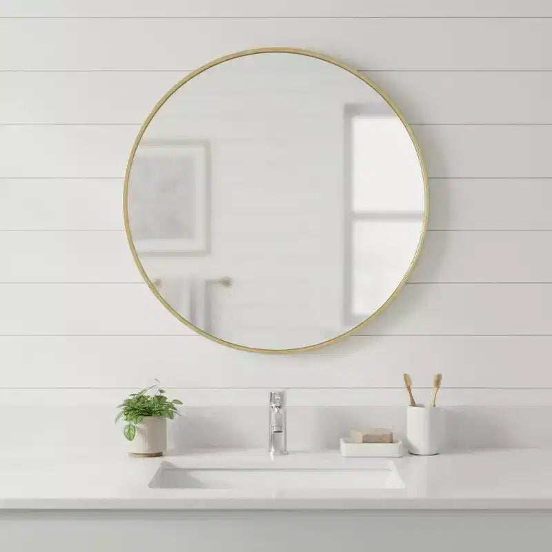 30" Gold Metal Round Framed Bathroom Vanity Mirror, Waterproof & Rust-Resistant Wall Mount