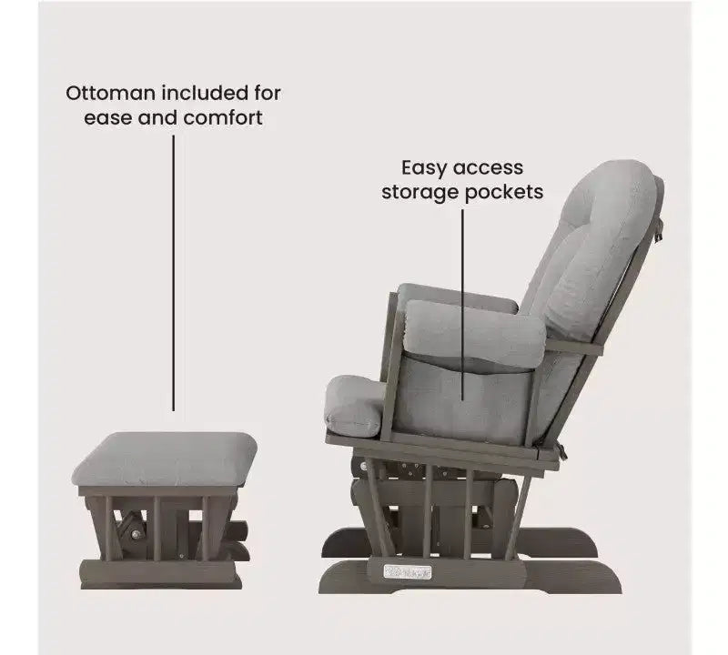 Cozy Glider Rocker and Ottoman Set, Padded Cushion with Storage Pockets, Solid Rubberwood Base & Frame