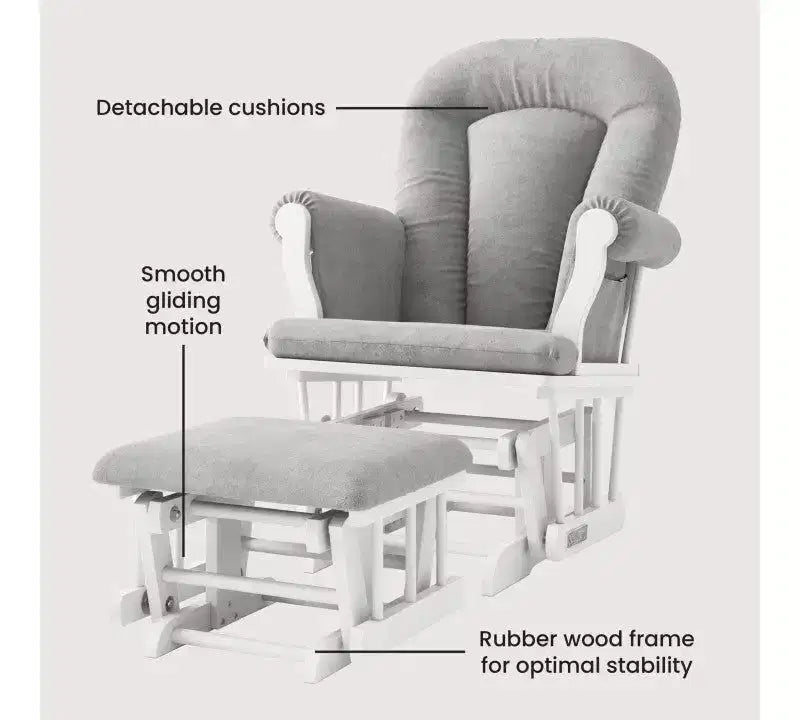 Cozy Glider Rocker and Ottoman Set, Padded Cushion with Storage Pockets, Solid Rubberwood Base & Frame