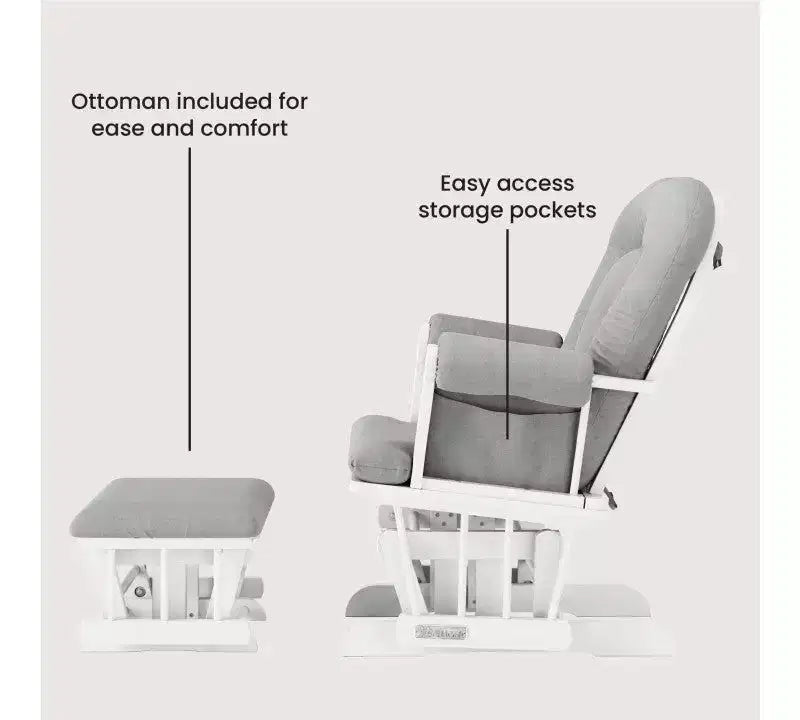 Cozy Glider Rocker and Ottoman Set, Padded Cushion with Storage Pockets, Solid Rubberwood Base & Frame