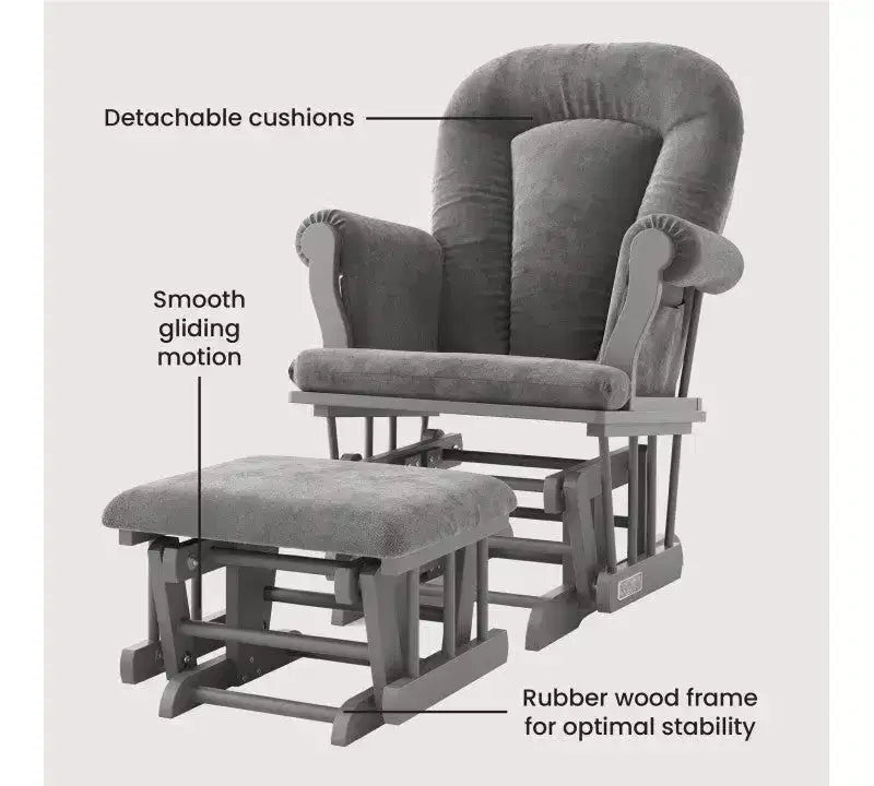 Cozy Glider Rocker and Ottoman Set, Padded Cushion with Storage Pockets, Solid Rubberwood Base & Frame