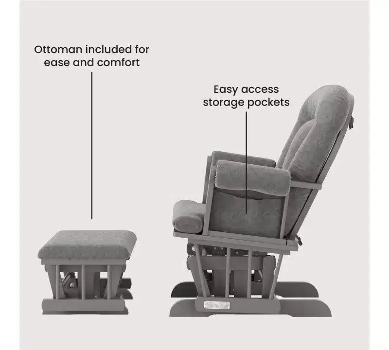 Cozy Glider Rocker and Ottoman Set, Padded Cushion with Storage Pockets, Solid Rubberwood Base & Frame