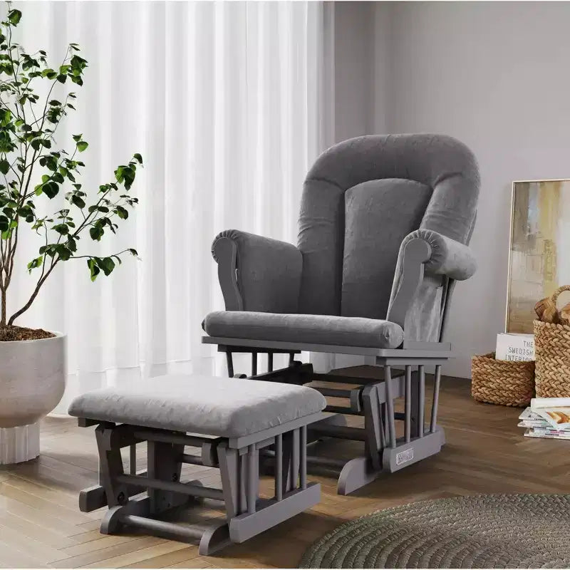 Cozy Glider Rocker and Ottoman Set, Padded Cushion with Storage Pockets, Solid Rubberwood Base & Frame