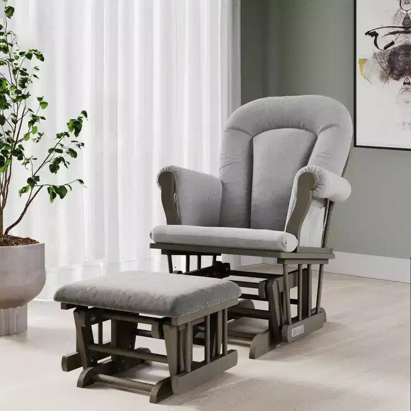 Cozy Glider Rocker and Ottoman Set, Padded Cushion with Storage Pockets, Solid Rubberwood Base & Frame