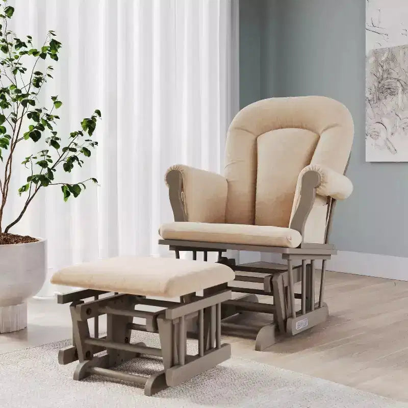 Cozy Glider Rocker and Ottoman Set, Padded Cushion with Storage Pockets, Solid Rubberwood Base & Frame