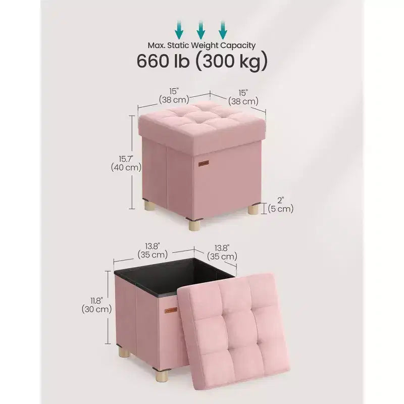 Small Folding Storage Ottoman Cube, 15x15x15.7 Inches Velvet Footstool with 9.8 Gal Capacity