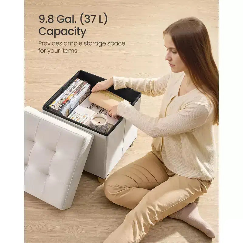 Small Folding Storage Ottoman Cube, 15x15x15.7 Inches Velvet Footstool with 9.8 Gal Capacity