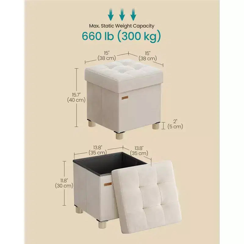Small Folding Storage Ottoman Cube, 15x15x15.7 Inches Velvet Footstool with 9.8 Gal Capacity