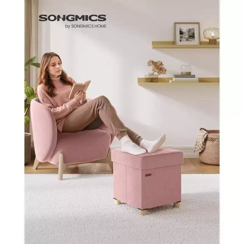 Small Folding Storage Ottoman Cube, 15x15x15.7 Inches Velvet Footstool with 9.8 Gal Capacity