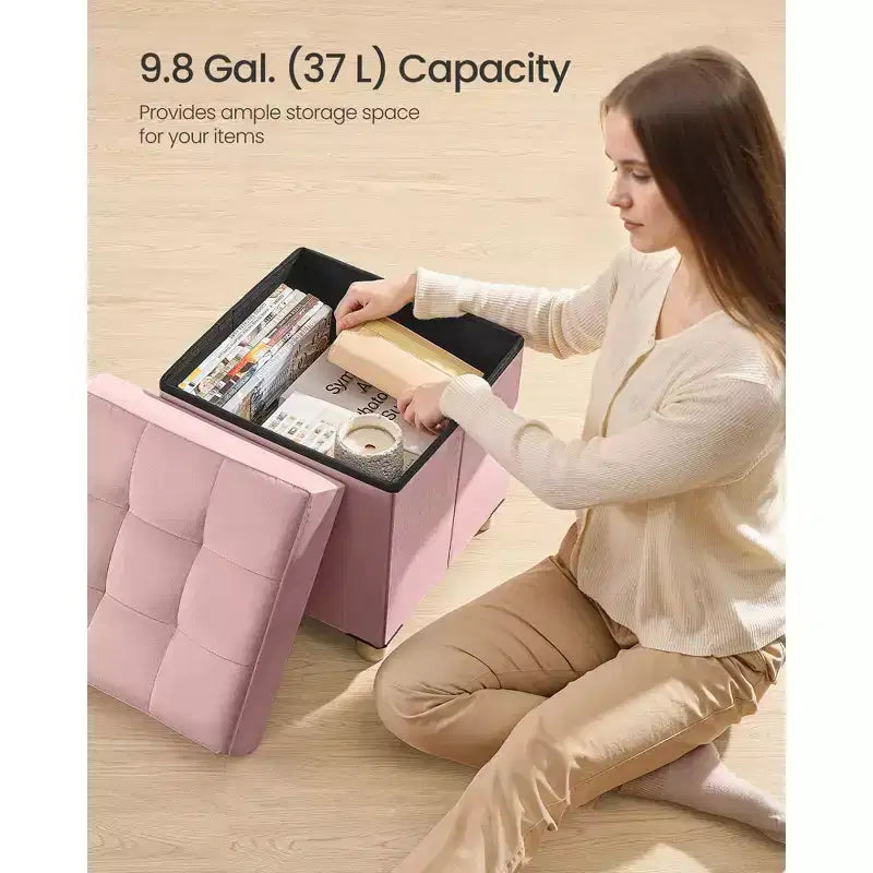 Small Folding Storage Ottoman Cube, 15x15x15.7 Inches Velvet Footstool with 9.8 Gal Capacity