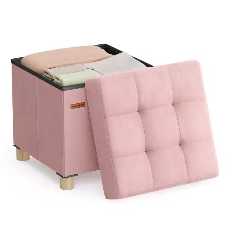 Small Folding Storage Ottoman Cube, 15x15x15.7 Inches Velvet Footstool with 9.8 Gal Capacity