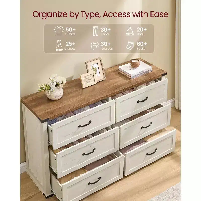 6-Drawer Dresser, 54-Inch Wide Modern Farmhouse Chest of Drawers with Metal Handles, TV Stand, Anti-Tipping