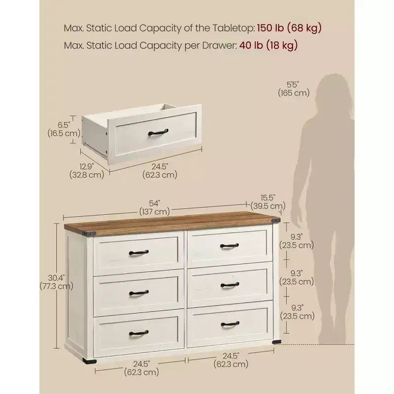 6-Drawer Dresser, 54-Inch Wide Modern Farmhouse Chest of Drawers with Metal Handles, TV Stand, Anti-Tipping