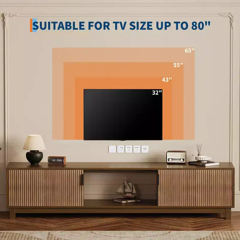 Mid Century Modern Low TV Stand, 70 Long Fluted TV Consoles Table with Open Storage Shelf for Living Room, Wooden Entertainment Center