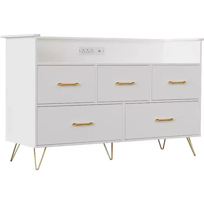 LED Dresser with Charging Station - Modern 5-Drawer 47 Wide Wooden Chest, Storage Organizer for Bedroom, Nursery, Hallway & Apartments