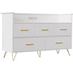 LED Dresser with Charging Station - Modern 5-Drawer 47 Wide Wooden Chest, Storage Organizer for Bedroom, Nursery, Hallway & Apartments