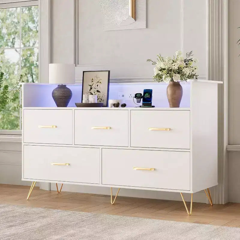 LED Dresser with Charging Station - Modern 5-Drawer 47 Wide Wooden Chest, Storage Organizer for Bedroom, Nursery, Hallway & Apartments