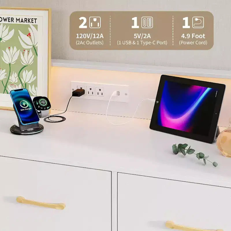 LED Dresser with Charging Station - Modern 5-Drawer 47 Wide Wooden Chest, Storage Organizer for Bedroom, Nursery, Hallway & Apartments