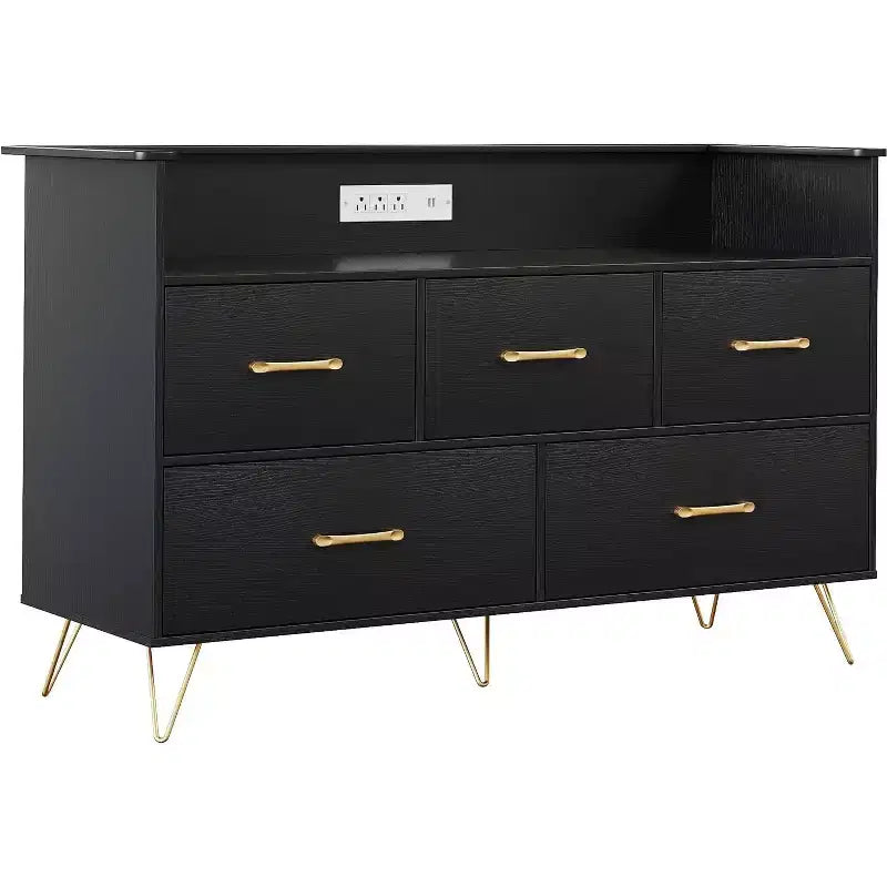 LED Dresser with Charging Station - Modern 5-Drawer 47 Wide Wooden Chest, Storage Organizer for Bedroom, Nursery, Hallway & Apartments