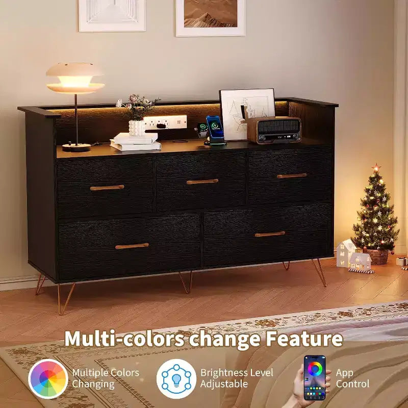 LED Dresser with Charging Station - Modern 5-Drawer 47 Wide Wooden Chest, Storage Organizer for Bedroom, Nursery, Hallway & Apartments